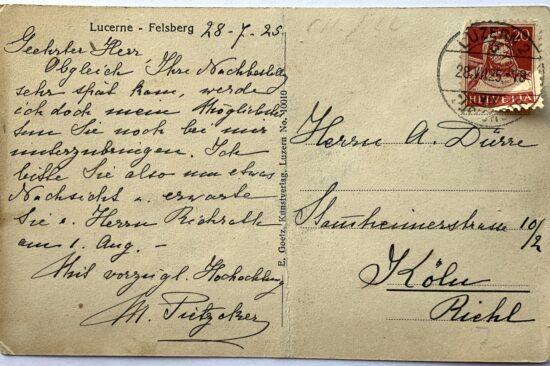 Adress-Seite von: Luzern, Felsberg. Ansichtskarte, Verlag Goetz Nr. 10010, versendet 1925, in Privatbesitz